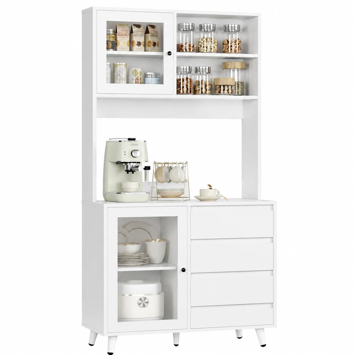 Credenza Alta Cucina 180cm in Legno con 4 Cassetti e 2 Ante, per Sala da Pranzo, Bianco