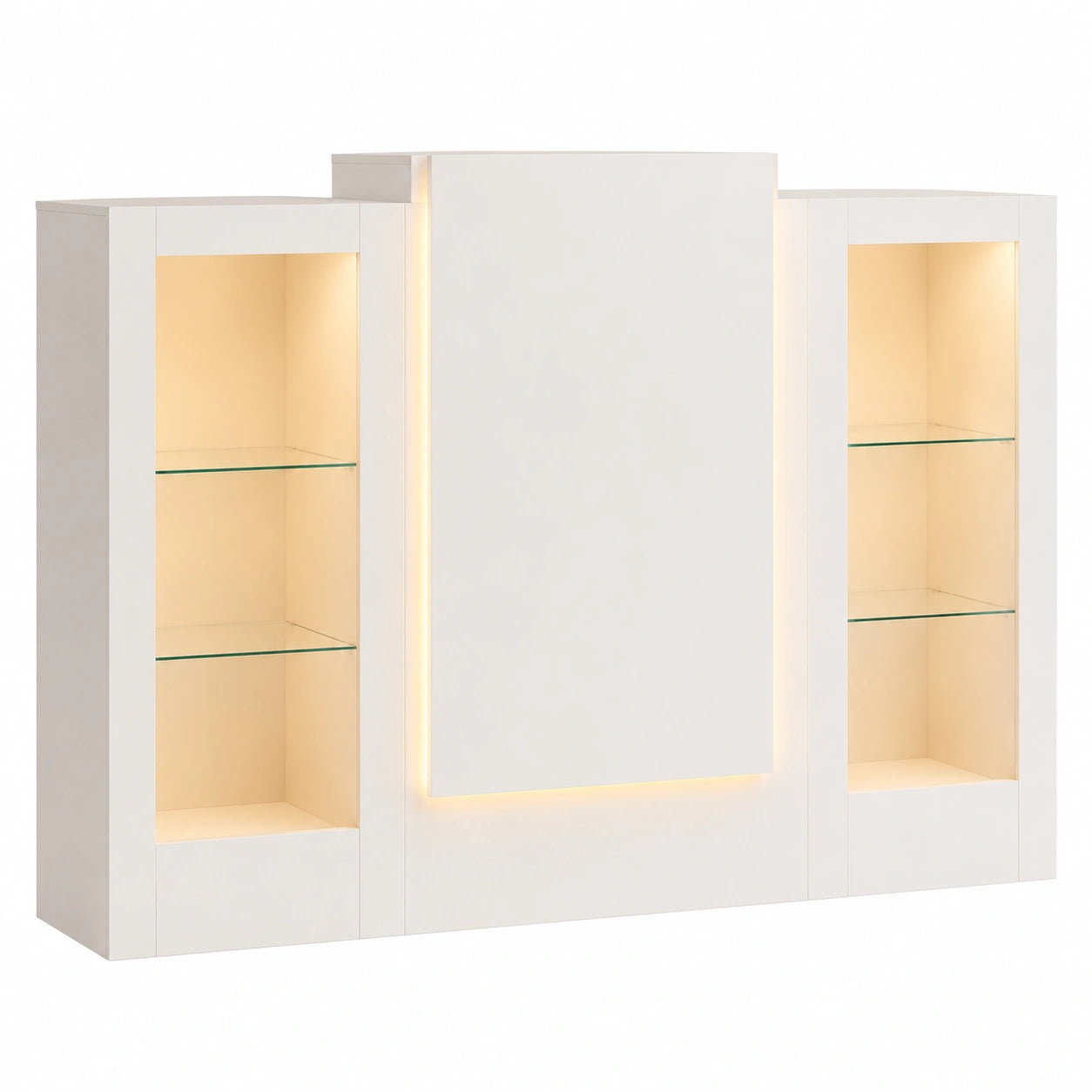 Bancone reception con cassetto tastiera e armadi, luci LED colorate, vetrina in vetro, 150x52x100 cm