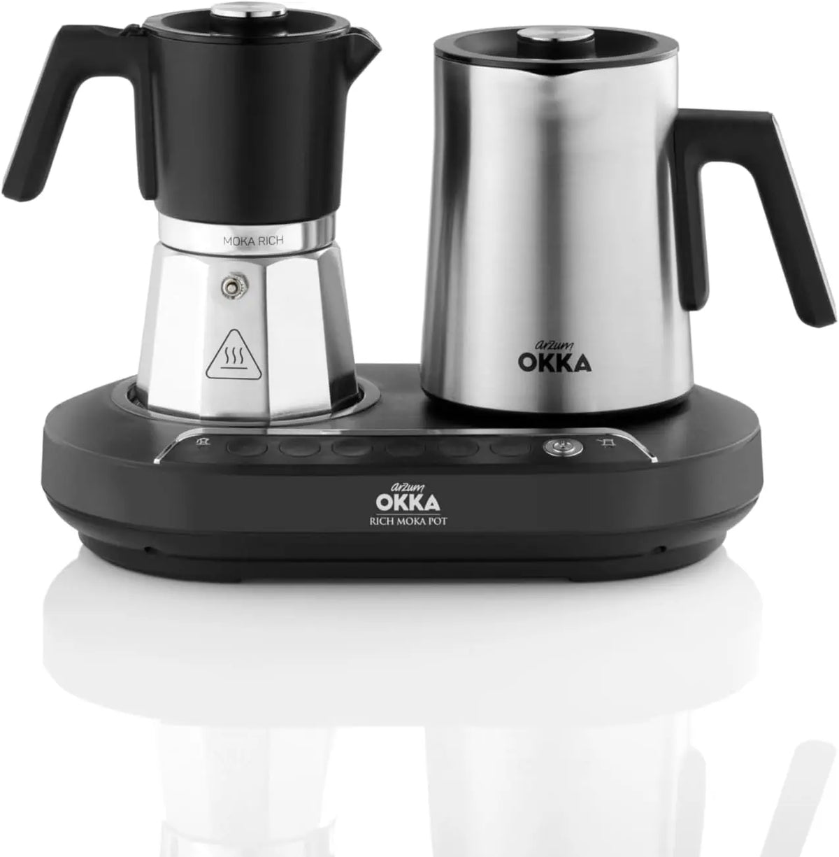 Arzum Okka Moka Pot with Milk Frother - Hot Beverage and Turkish and Greek Coffee Maker, Velvetiser, 120V, 5 Cups, Programmable Touch Panel, Chrome