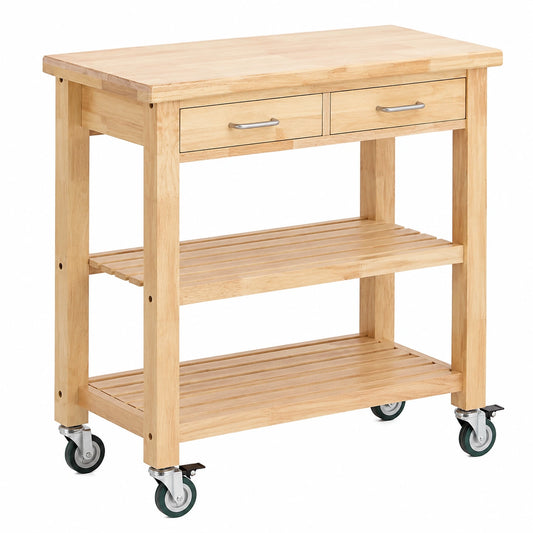 Carrello Cucina in Legno Hevea con Ruote, Credenza Salvaspazio con 2 Cassetti e Ripiani, 80x40x90 cm