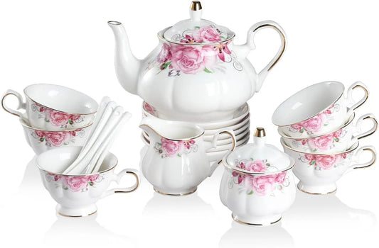 Sweejar Porcelain Tea Set Vintage Floral - British Relief Gold Rim Teapot Cup and Saucer Sets, 22-Piece Tea Sets for Adults, with Teapot, Sugar Bowl