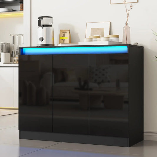 Furnify High Gloss Buffet Cabinet with LED Lights & Charging Station - Black