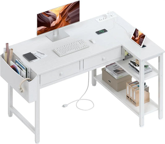 Small White 40 Inch L Shaped Corner Desk - With Drawers & Storage Shelves