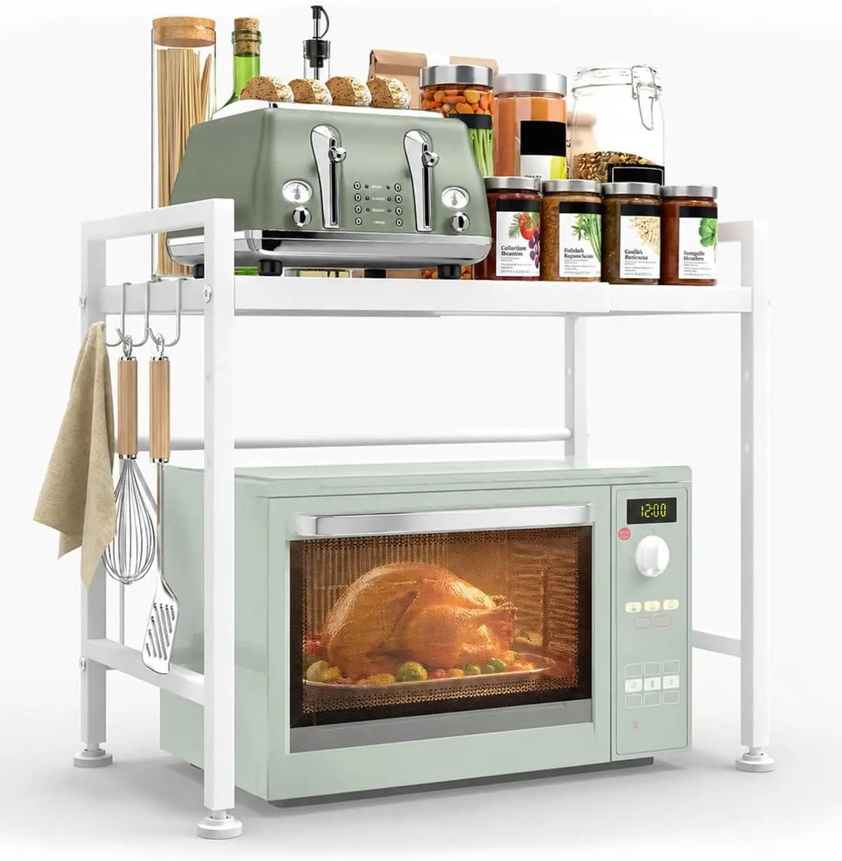 2-Tier Microwave Shelf - Expandable, Heavy Duty Microwave Stand for Countertop & Kitchen with 8 Hooks, For Oven, Coffee Maker & More, white