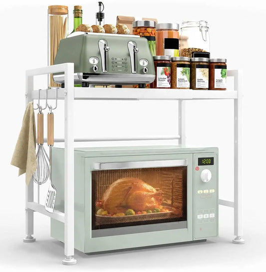 2-Tier Microwave Shelf - Expandable, Heavy Duty Microwave Stand for Countertop & Kitchen with 8 Hooks, For Oven, Coffee Maker & More, white