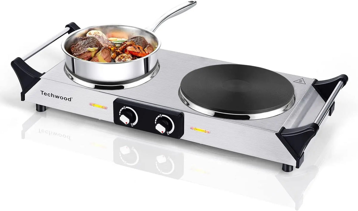 Hot Plate - Techwood 1800W Portable Electric Stove for Cooking Countertop Dual Burners with Adjustable Temperature & Handles, Silver