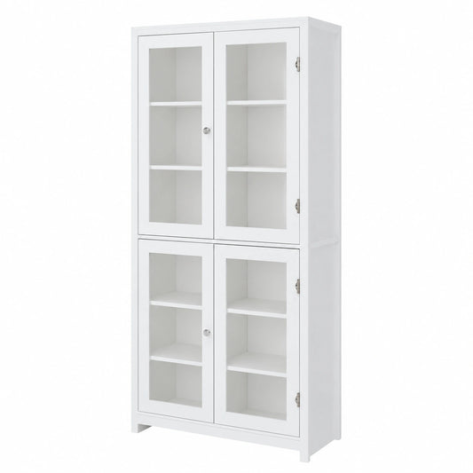 FOREHILL Credenza Alta 190cm con Vetrina, Libreria Multifunzione con 4 Ante in Vetro e 6 Scomparti, per Soggiorno, Cucina, Ufficio, Bianco