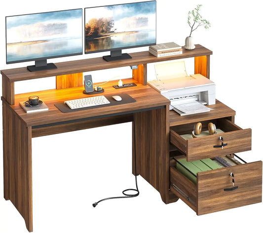 Bestier 55-Inch Computer Desk with Lock File Drawer & Charging Hub - Walnut