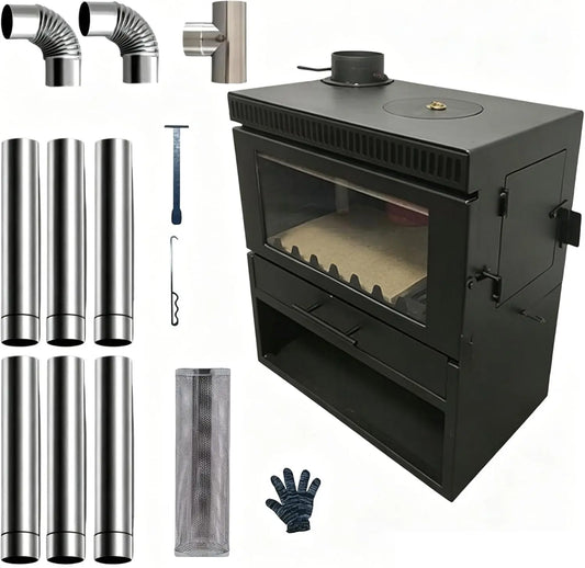 Cast Iron Wood Stove Fireplace with Secondary Combustion - Airwash, Dual Doors, Log Rack