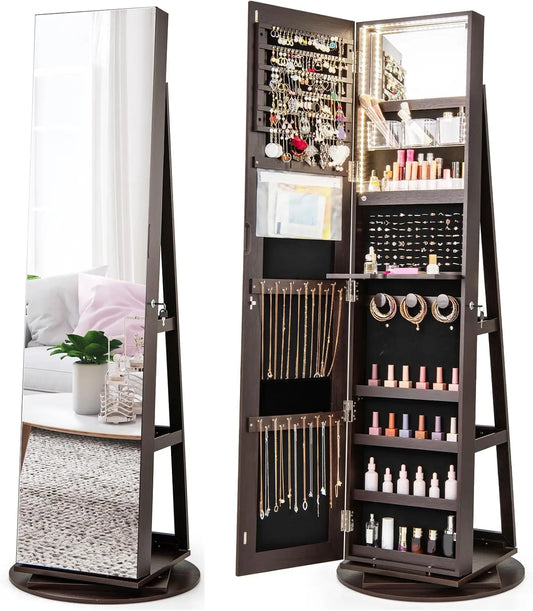 COSTWAY 360° Rotating Mirror Jewelry Armoire - Freestanding Jewelry Organizer w/ 3-Color LED Lights, Full-length Mirror with Jewelry Storage, Espresso