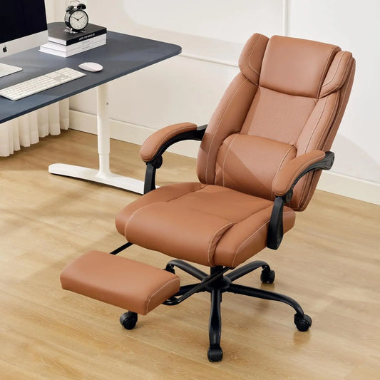 Reclining Office Chair with Footrest - Ergonomic Home Office Desk Computer Chair with Lumbar Support, Thick Executive Leather Chair, Brown