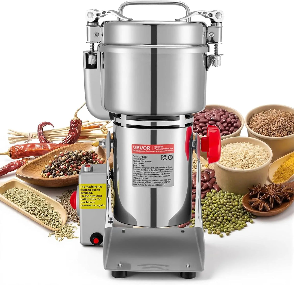 VEVOR 750g Electric Grain Mill Grinder - High Speed 2000W Commercial Spice Grinders, Stainless Steel Pulverizer Powder Machine, Swing Type