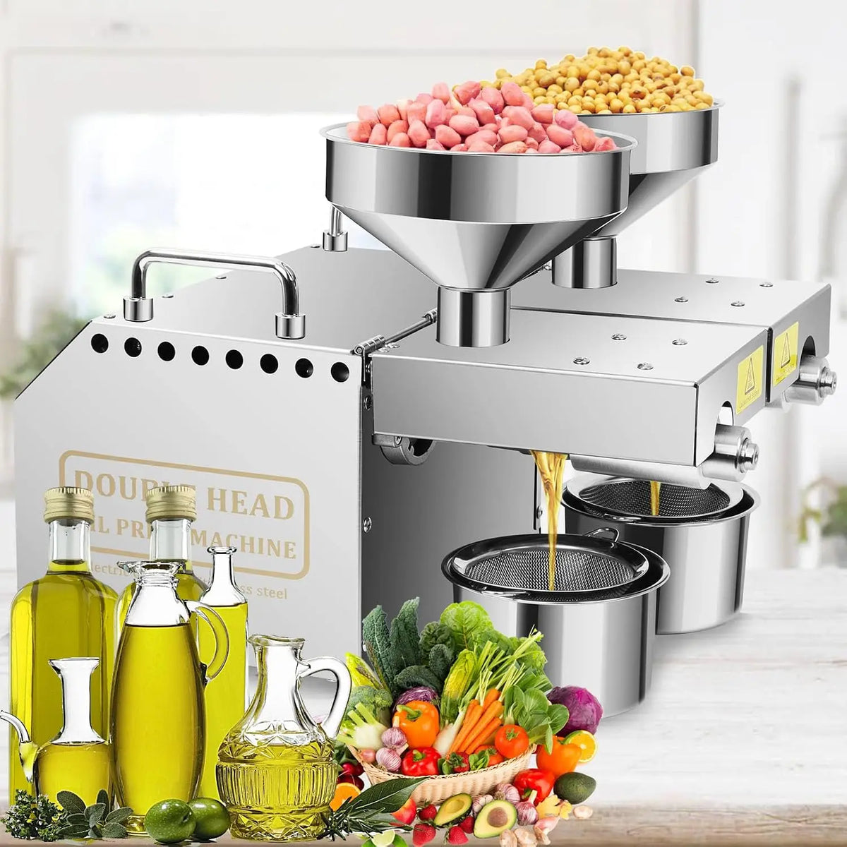 1500W Oil Press Machine with Double Oil Outlets - 110V Silver
