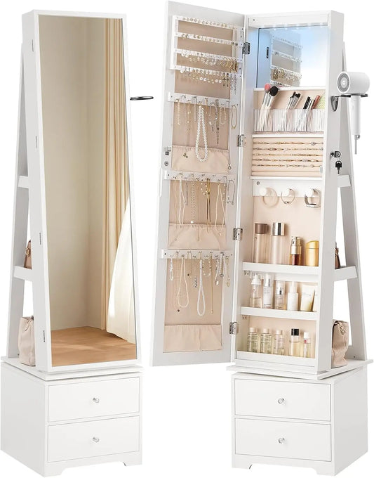 HOOBRO 360° Swivel Jewelry Cabinet with LED Lights - Standing Jewelry Armoire with 2 Drawers, Rotatable Full-Length Mirror Jewelry Organizer, White