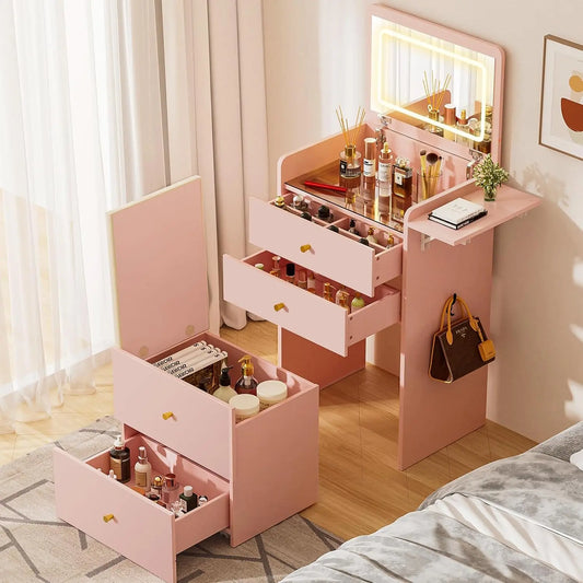 COMHOMA Makeup Vanity Desk with Mirror and Lights - Small 3 in 1 Vanity Table with Visible Glass Top, Flip Top & 3 Drawers