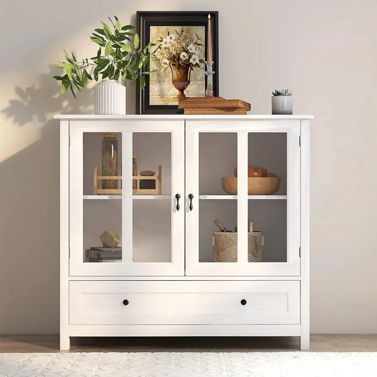 Sideboard Cabinet with Glass Doors - Buffet Storage Cabinets with Drawer, 40 Inch 2 Doors Floor Cabinet, Wooden Modern Credenza for Living Room, White
