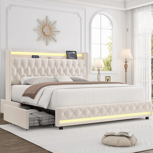 HIFIT Upholstered Full LED Bed Frame with Storage - Charging Headboard, Beige