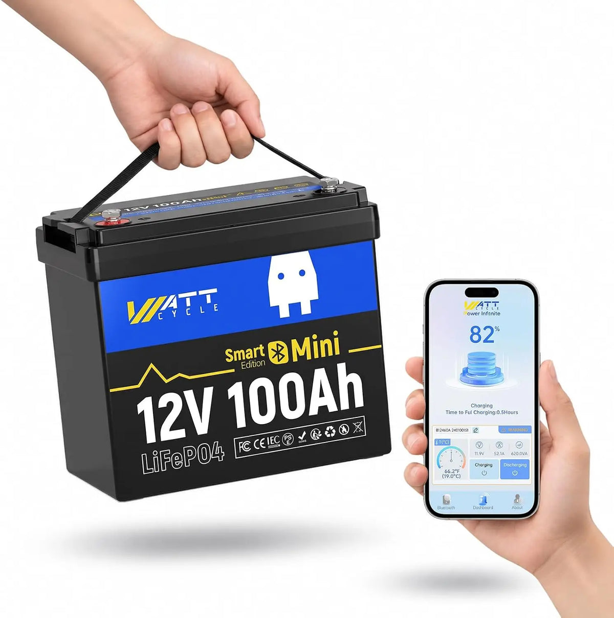 WattCycle 12V 100Ah Mini LiFePO4 Battery - With Bluetooth 100A BMS