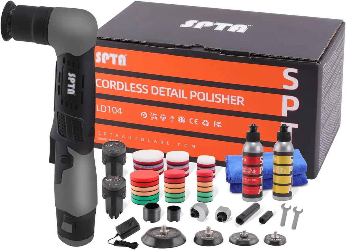 SPTA Cordless Mini Car Polisher 12V Scratches Killer Car Polisher RO/DA Cordless Polisher - Polishing Pad for Polishing, Sanding and Cleaning, Sets 1