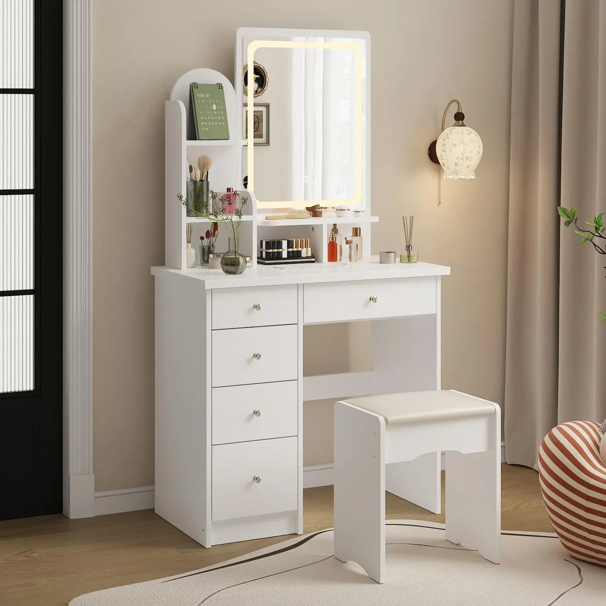 WOODTIME Vanity Set with LED Lighted Mirror - Vanity Dressing Table with 5 Drawers & Shelves, Makeup Desk with Cushioned Stool for Bedroom, White