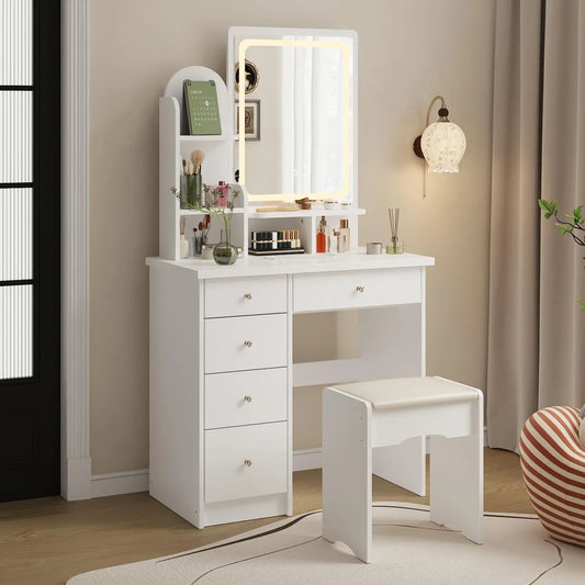 WOODTIME Vanity Set with LED Lighted Mirror - Vanity Dressing Table with 5 Drawers & Shelves, Makeup Desk with Cushioned Stool for Bedroom, White