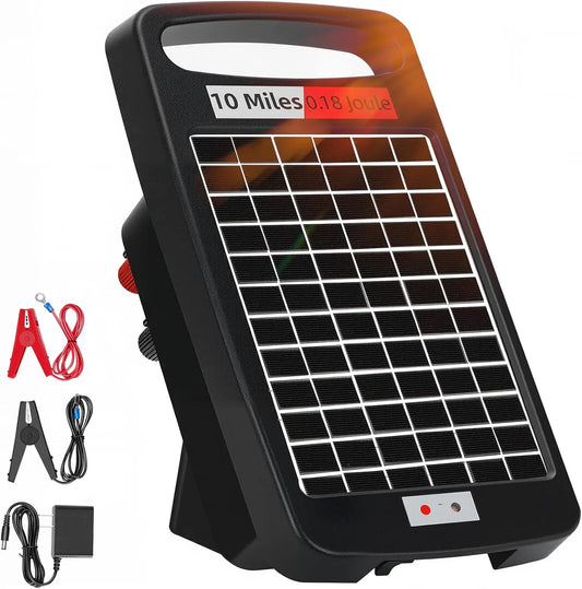 Solar Electric Fence Charger 10 Miles - 0.18J Portable for Livestock