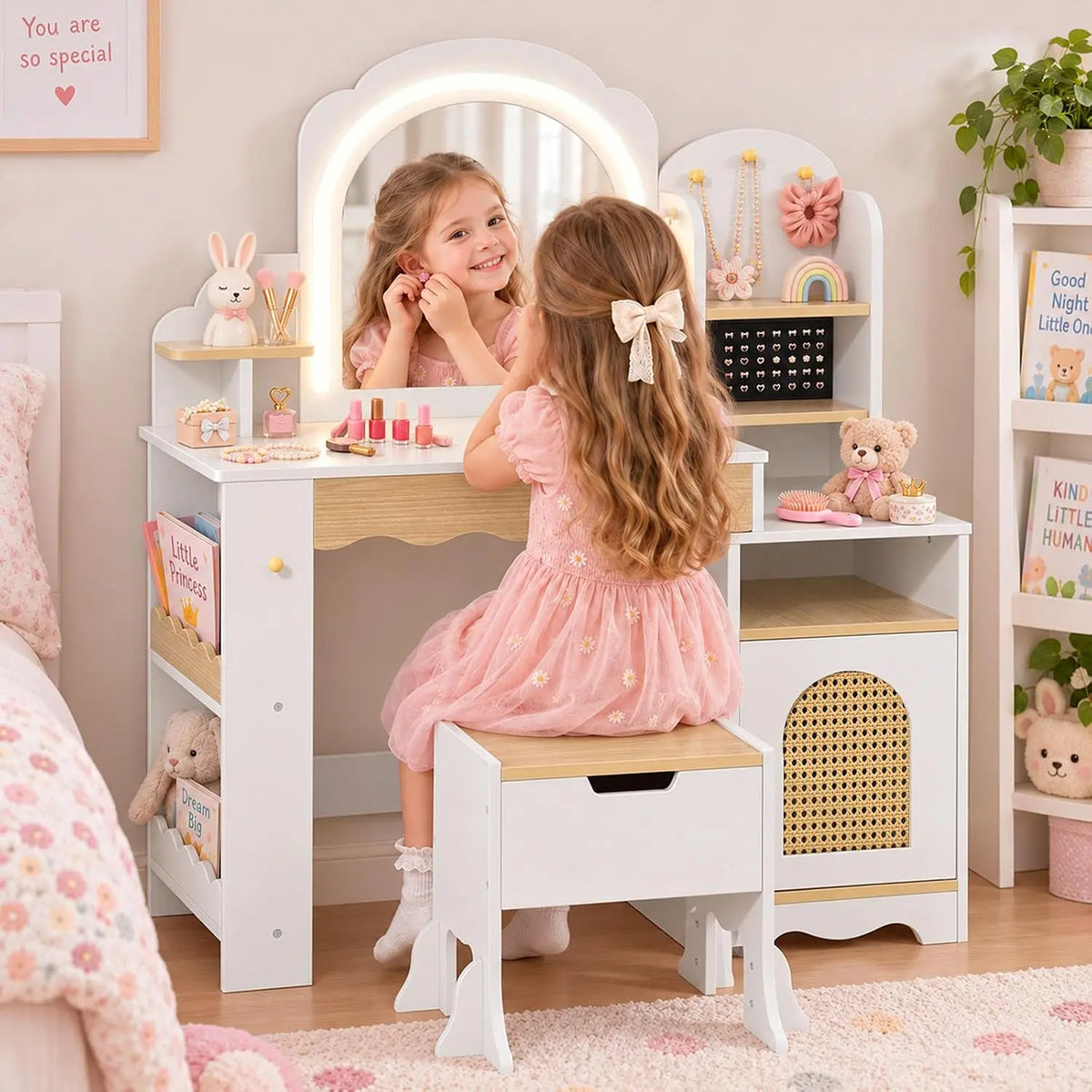 BIERUM Kids Vanity with 2-Color Light - Toddler Vanity Table and Chair, White