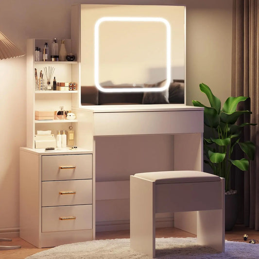 Vanity Set with Chair - Vanity Desk with Mirror and LED Lights, Makeup Dressing Table with Sliding Mirror, Power Outlet, 3 Color Adjustable Lighting