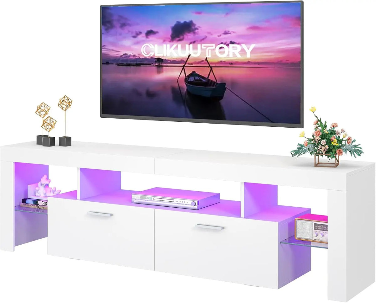 Clikuutory Modern Lighting 63 Inch TV Stand with Large Storage Drawer for 50 55 60 65 70 75 Inch TVs - TV Console with 20 Color LED Lights, White