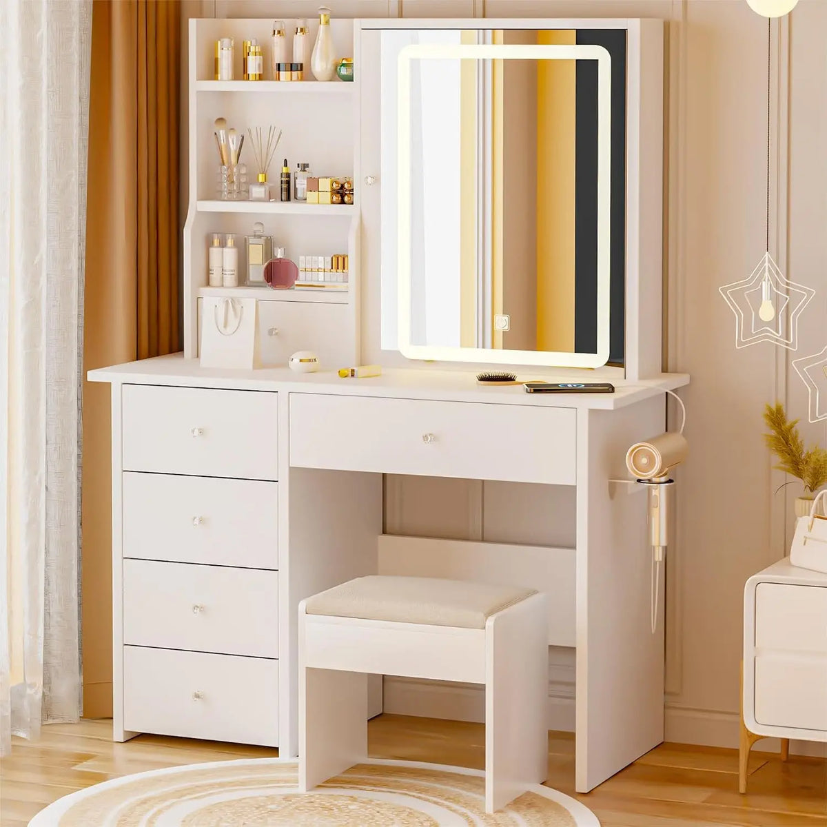 DYHOME Makeup Vanity Desk with LED Lights Mirror - Vanity Table Set White