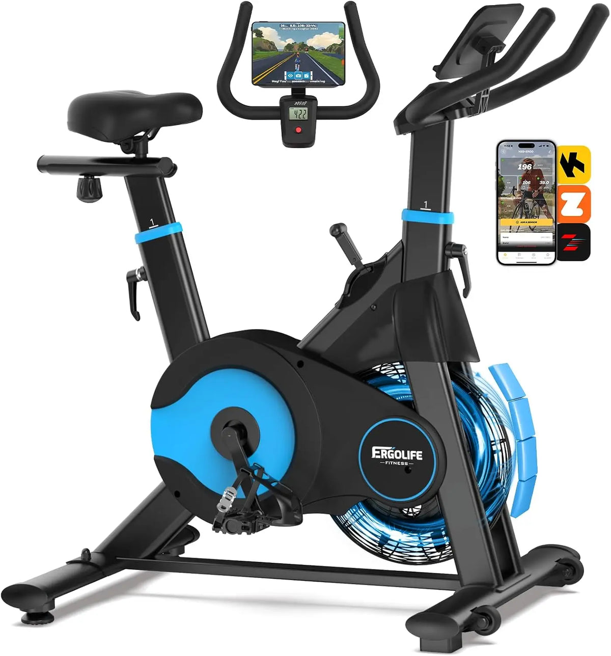 ERGOLIFE Air & Magnetic Resistance Exercise Bike - Compact Stationary Spin Bike for Home with Exclusive App, Indoor Cycling Bike for Cardio Workout