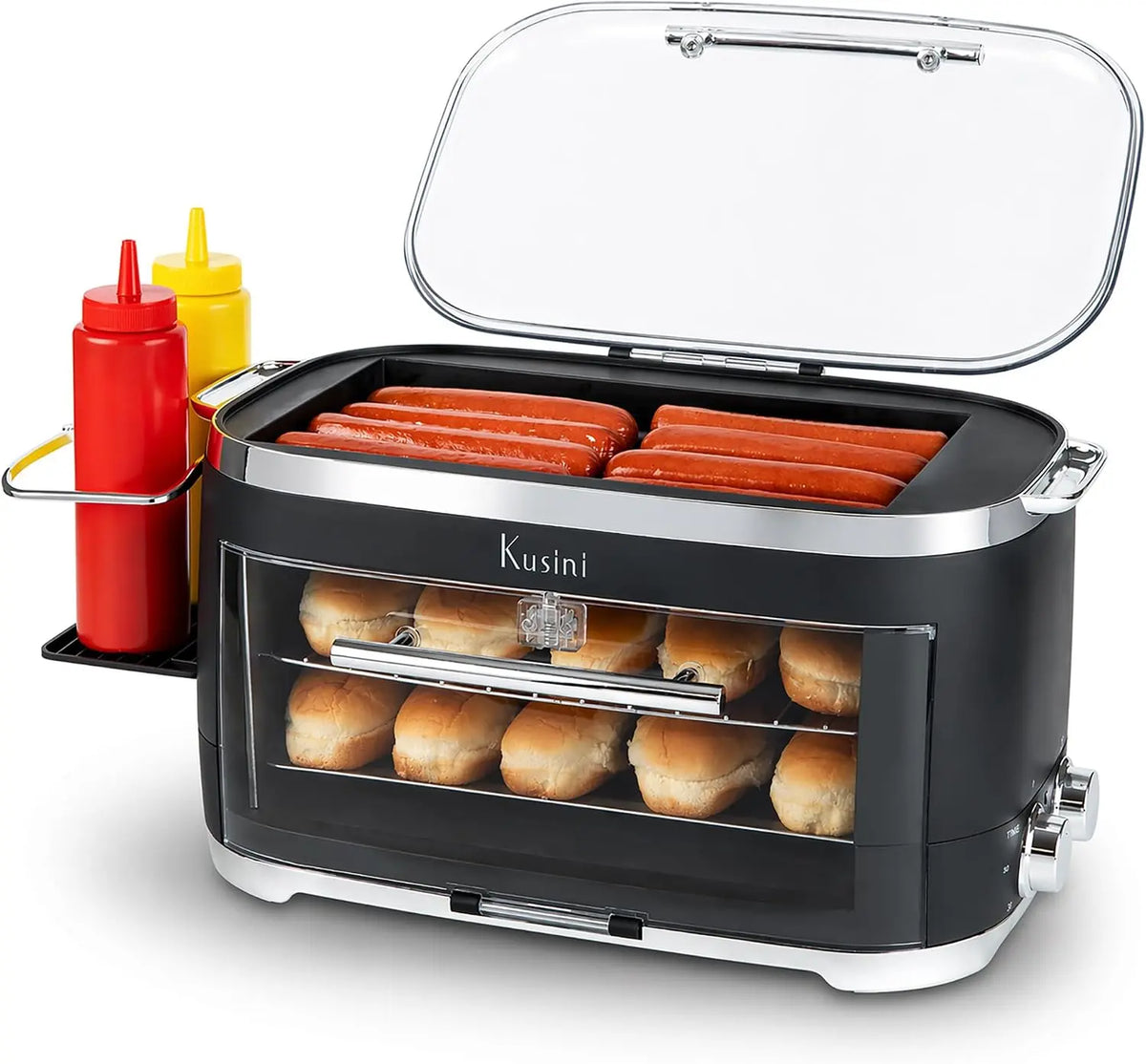 Kusini Hot Dog Roller Grill & Toaster Oven - Holds 8 Hot Dogs & 8 Buns, keep warm Option & Condiment Holder, Kitchen Appliance Hot Dog Cooker Machine