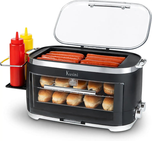Kusini Hot Dog Roller Grill & Toaster Oven - Holds 8 Hot Dogs & 8 Buns, keep warm Option & Condiment Holder, Kitchen Appliance Hot Dog Cooker Machine