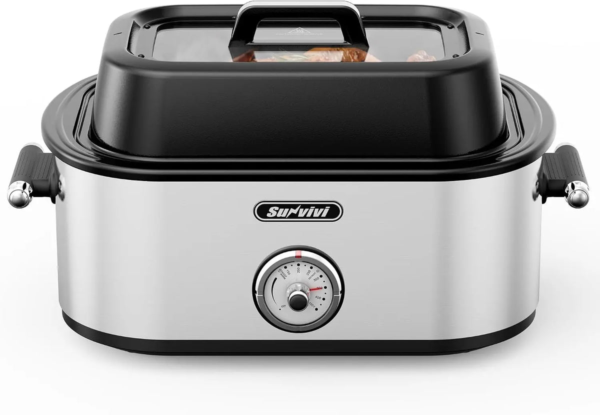 Sunvivi Electric Roaster Oven with Extra Large Visible Glass Lid - 28QT Turkey Roaster with Self-Basting Lid, Defrost & Warm Function
