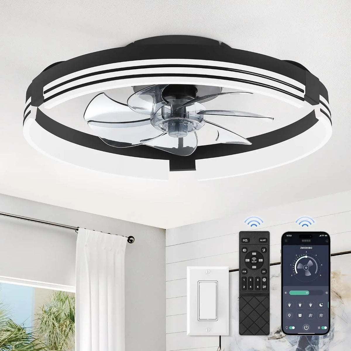 ZMISHIBO Low Profile Ceiling Fans with Lights and Remote - 20 Inch Black