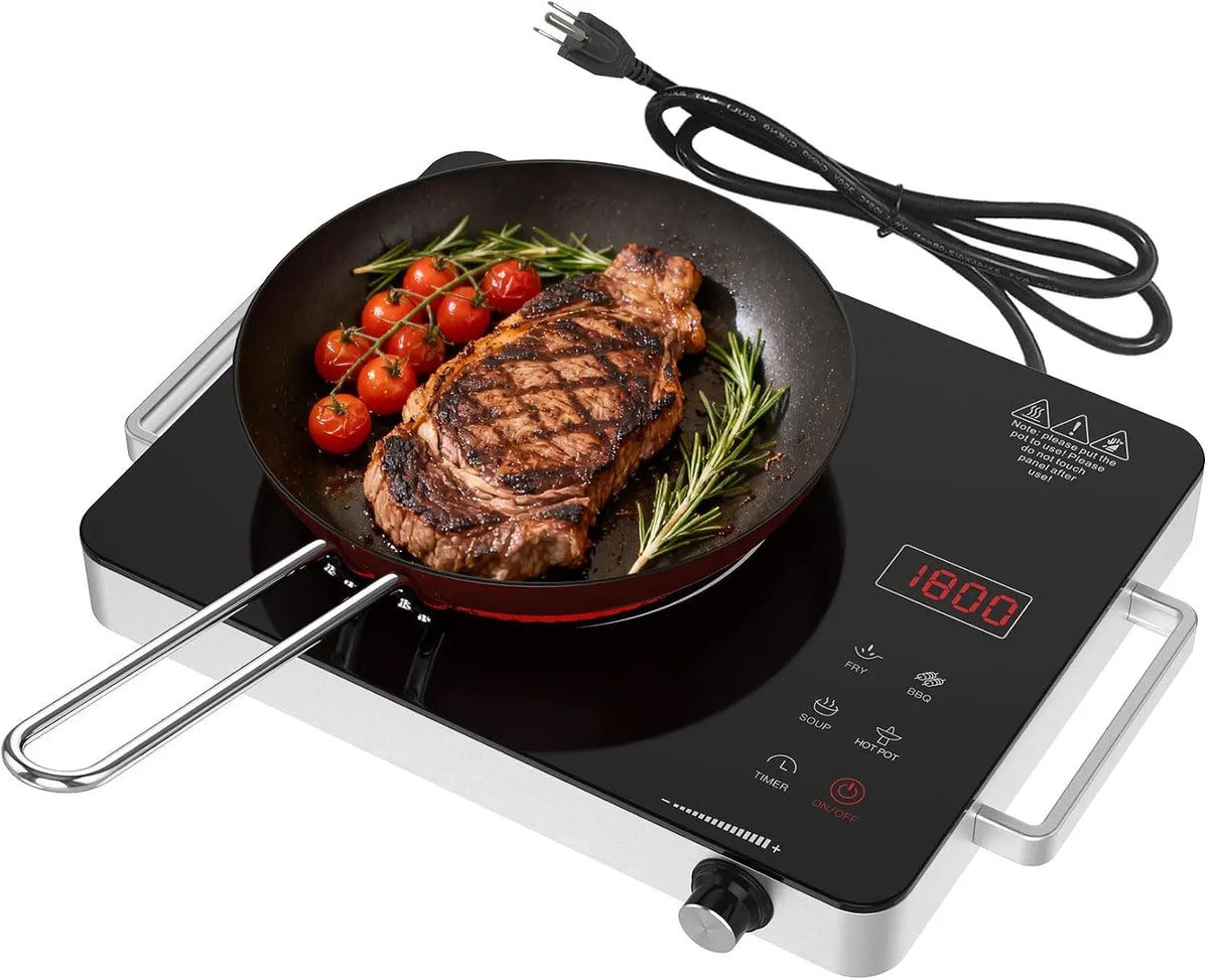 WABK Portable Electric Cooktop - 1800W Infrared Hot Plate Countertop Burner with Handle, 110V Single Burner Electric Stove with Knob & Touch Control