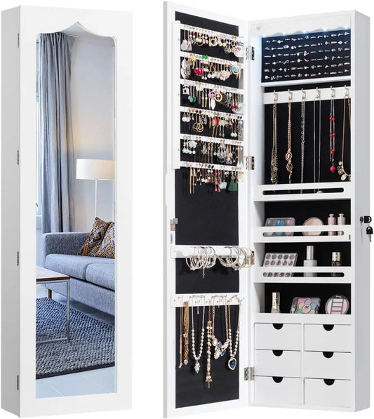 COSTWAY Jewellery Cabinet with LED Lighting - 6 Drawers and Mirror, Hanging Sail Cabinet, Wall Cabinet for Door and Wall Mounting, Lockable, White