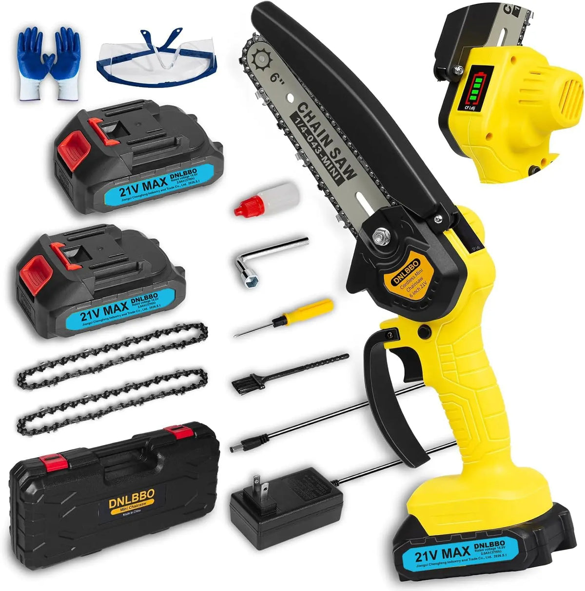 Mini Chainsaw - 6 Inch Battery Chainsaw with Power Display, 2 Batteries Included, Garden Tool for Tree Branch Trimming & Wood Cutting