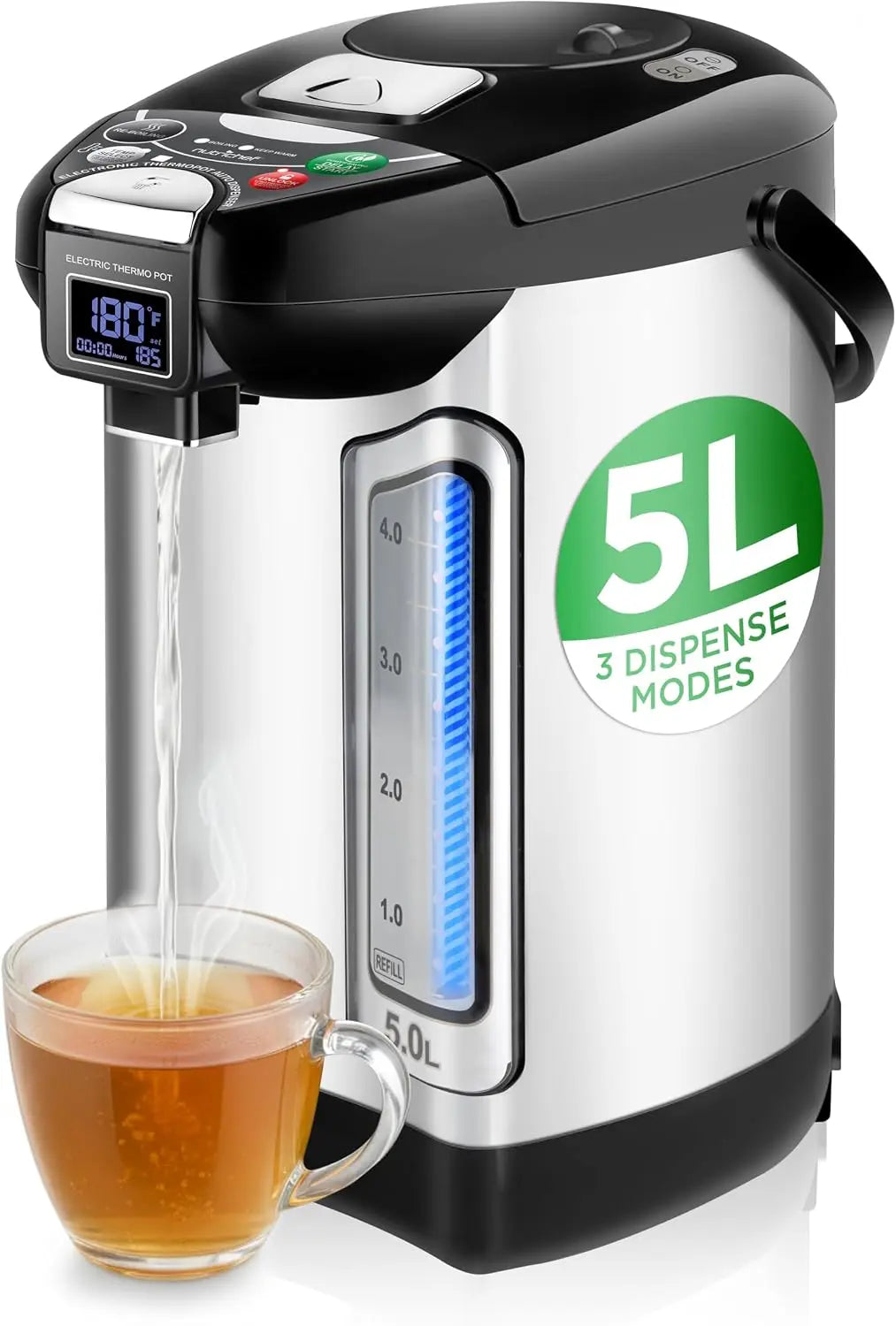 NutriChef Digital Water Boiler and Warmer - 5L/5.28 Qt Stainless Electric Hot Water Dispenser w/LCD Display, Rotating Base, Keep Warm, Auto Shut Off