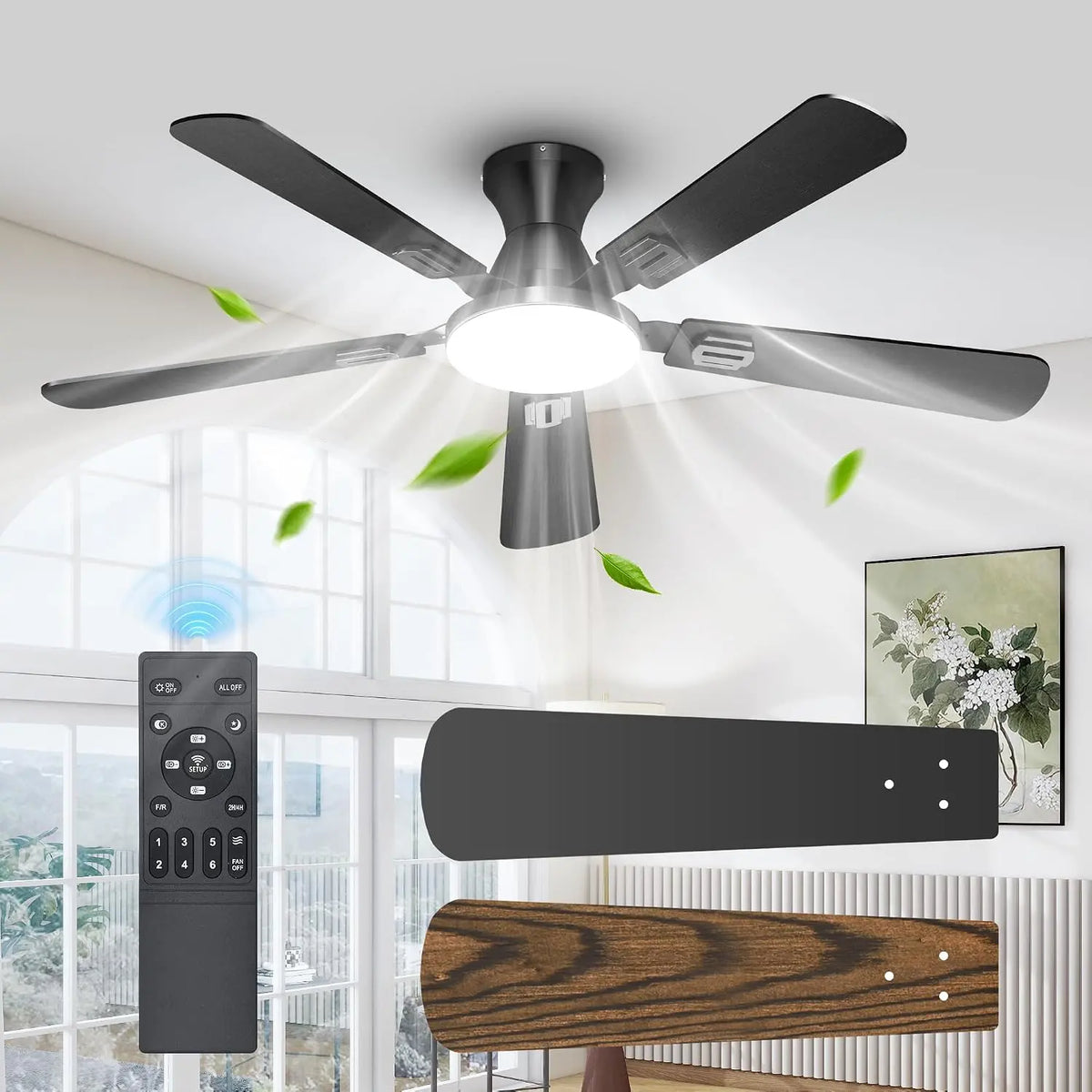 UME 52 Inch Ceiling Fan with Lights - Remote Control, Flush Mount, Black/Wood