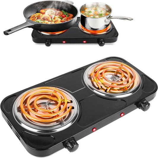 2000W Electric Hot Plate - Portable Electric Stove Countertop Double Coil Burners W/Dual Control&5 Level Temperature Control, Easy to Clean