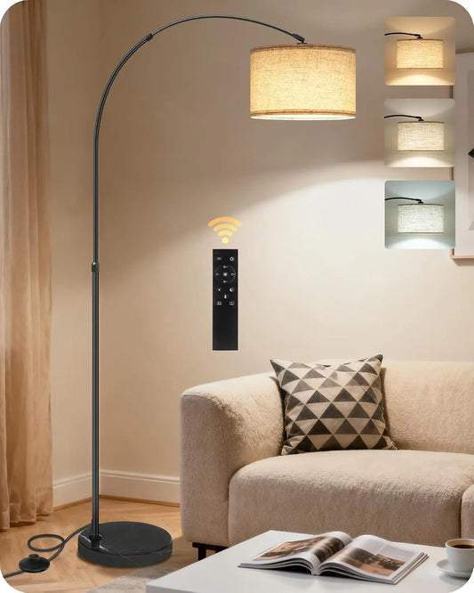 75 Inch Tall Dimmable Arc Floor Lamp with Marble Base - Adjustable Height, Beige