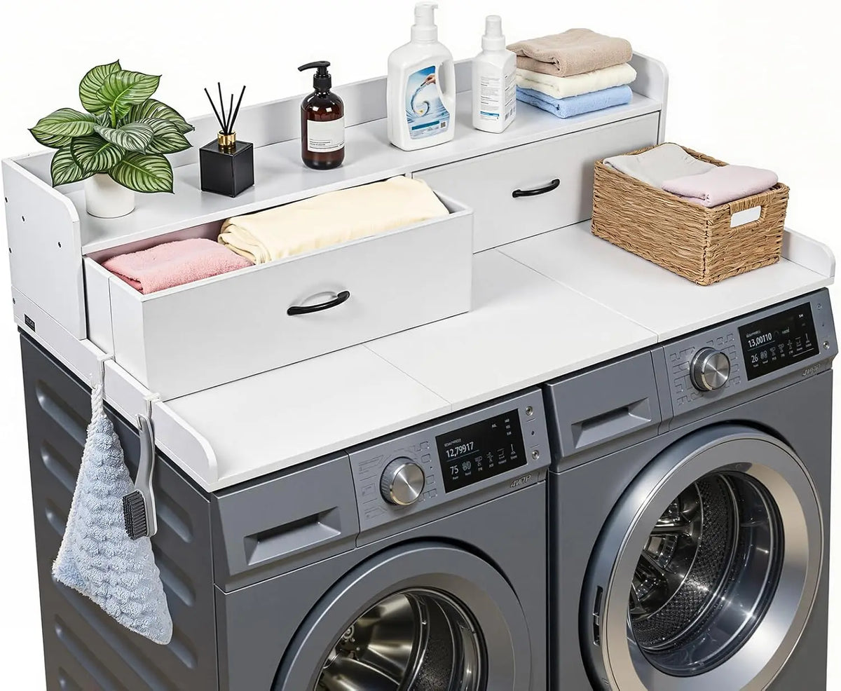 VEVOR 2 Drawers Washer Dryer Countertop with Shelf - 54 Inch x 27 Inch Wooden Laundry Countertop with 2 Hooks & Splicing Panels, White