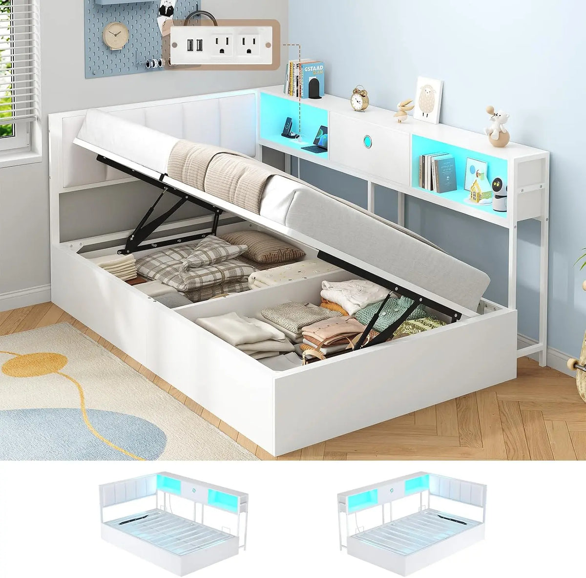 Hasuit Corner Twin Lift Up Storage Bed Frame with Charging Station & LED Lights - Twin Day Bed with Upholstered Headboard and Bookcase, White
