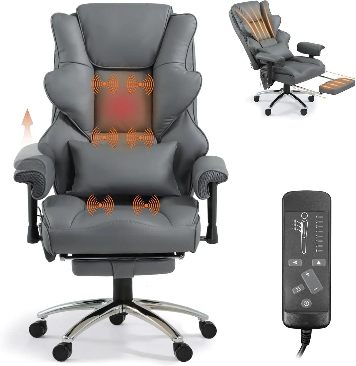 Vibration Massage Heated Office Desk Chair with Foot Rest - Gray