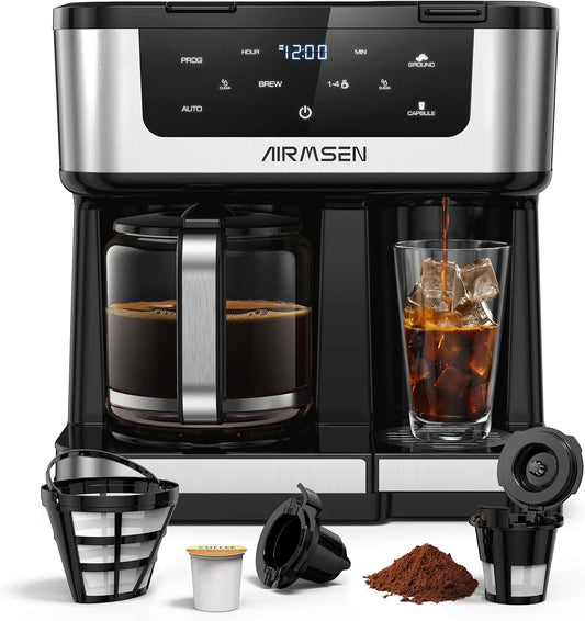 AIRMSEN 12-Cup Programmable Dual Coffee Maker - Single Serve Machine for K-Pods & Ground, 1000W Fast Brew, Delay Start, 2H Keep Warm, Touchscreen
