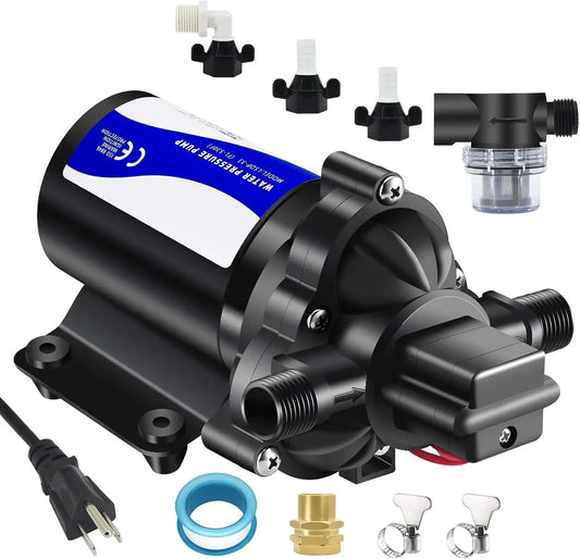 110V 50 PSI Water Pressure Booster Pump - Self-Priming Diaphragm Water Pump with Pressure Switch for RV, Home System & Irrigation, Strainer Included