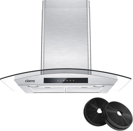 CIARRA 30 Inch Wall Mount Range Hood - Carbon Filter Soft Touch Control in Stainless Steel & Tempered Glass, CAS75502
