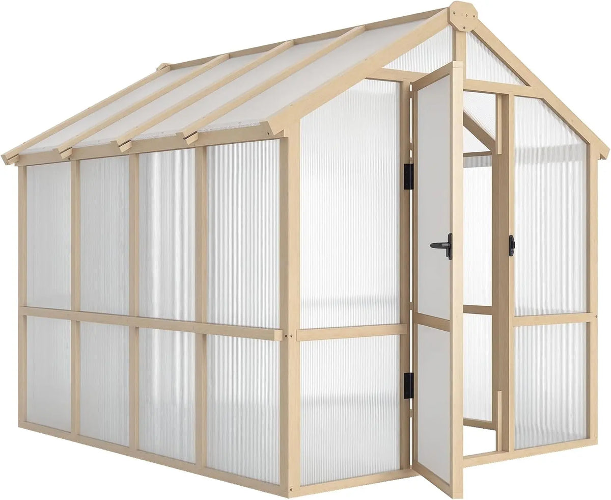 Outsunny - 6.6' x 8' Walk-in Polycarbonate Greenhouse Wooden Greenhouse Brown