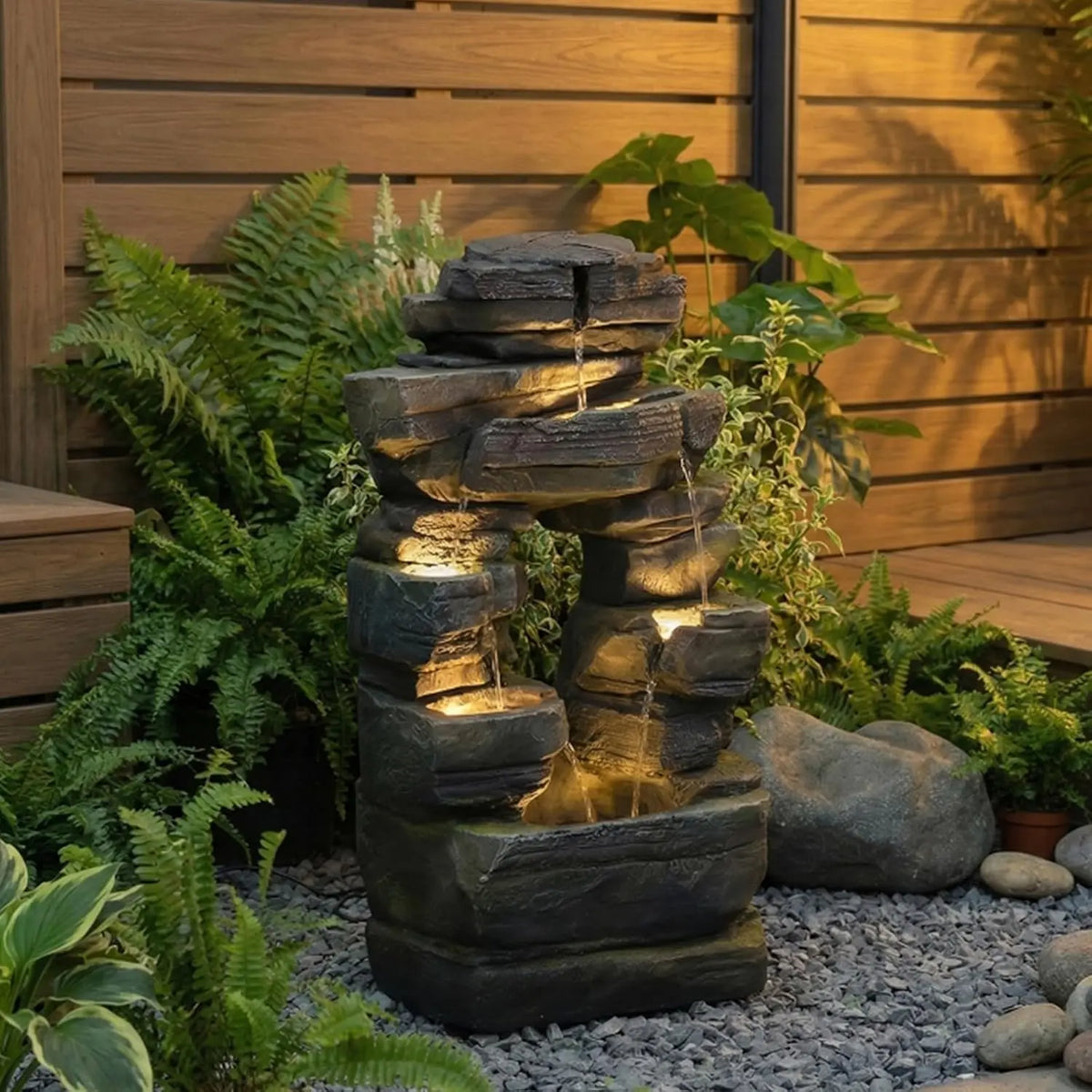 Bumilgar Arch Garden Fountain with LED Lights - 26.4 in Stacked Rock
